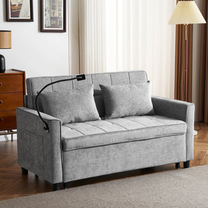 Roomfitters Loveseat Pull-Out Sofa Bed with Reversible Backrest Cushion, Side Pockets, USB Ports, and Phone Holder