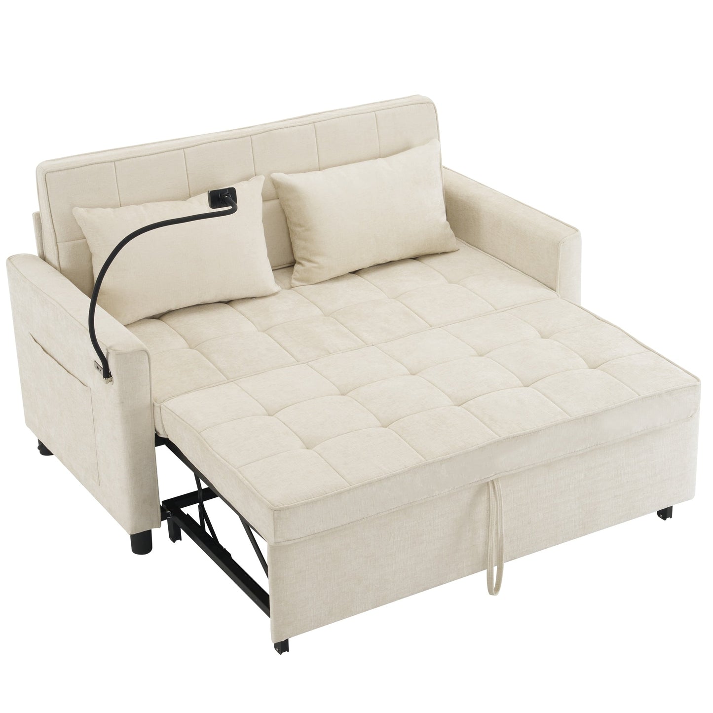 Roomfitters Loveseat Pull-Out Sofa Bed with Reversible Backrest Cushion, Side Pockets, USB Ports, and Phone Holder