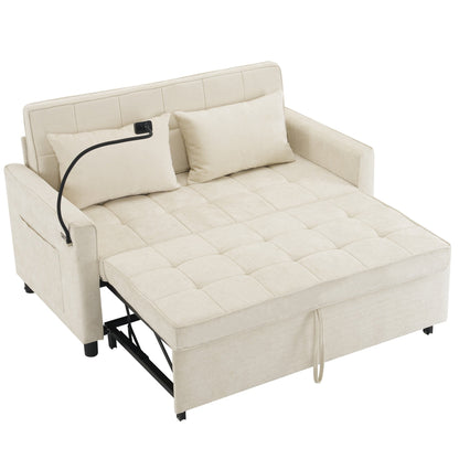 Roomfitters Loveseat Pull-Out Sofa Bed with Reversible Backrest Cushion, Side Pockets, USB Ports, and Phone Holder