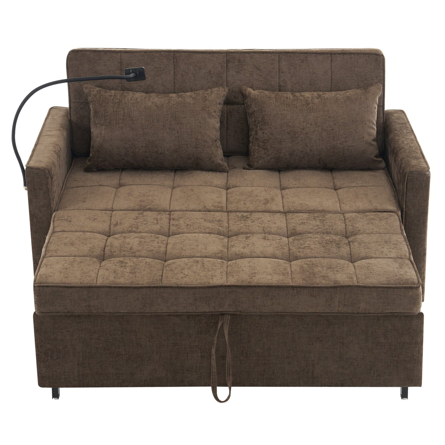 Roomfitters Loveseat Pull-Out Sofa Bed with Reversible Backrest Cushion, Side Pockets, USB Ports, and Phone Holder