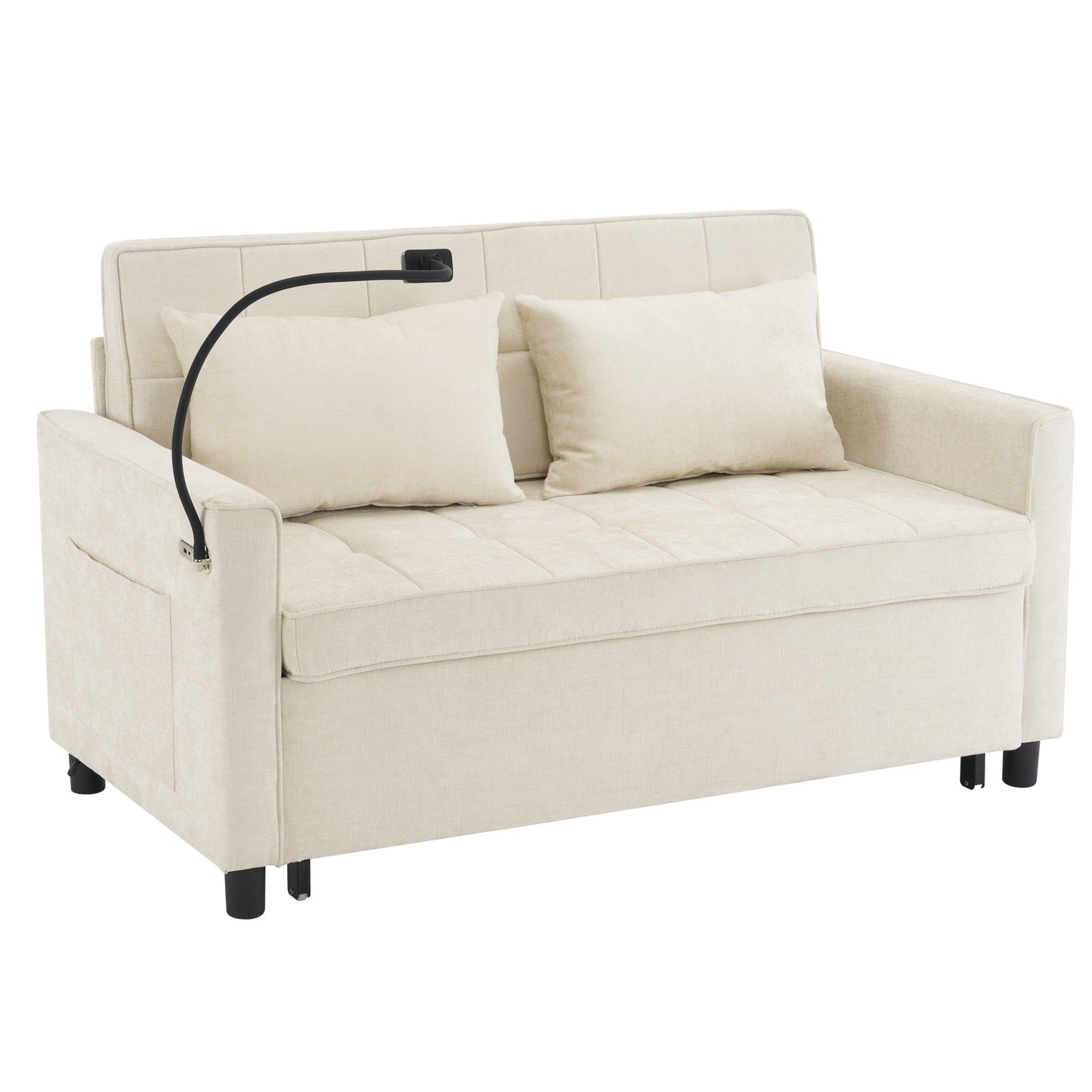 Roomfitters Loveseat Pull-Out Sofa Bed with Reversible Backrest Cushion, Side Pockets, USB Ports, and Phone Holder