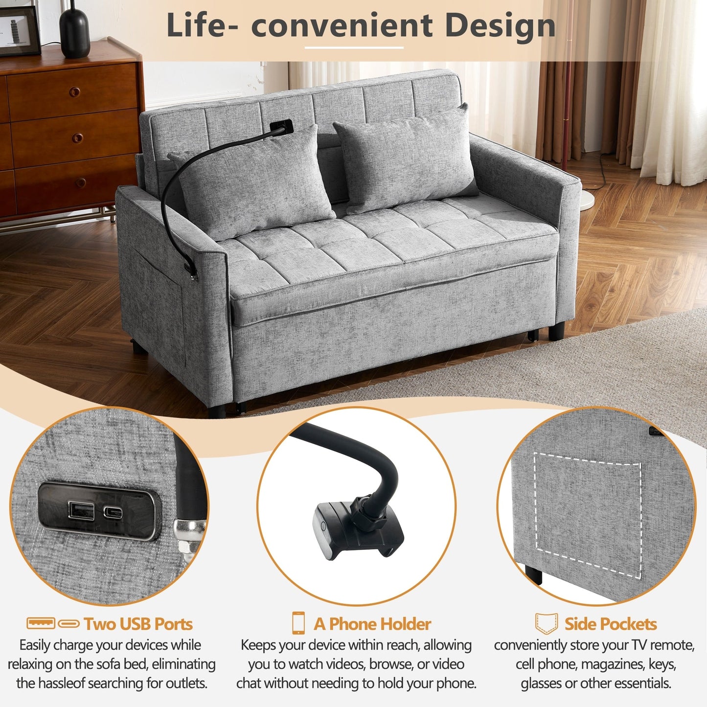 Roomfitters Loveseat Pull-Out Sofa Bed with Reversible Backrest Cushion, Side Pockets, USB Ports, and Phone Holder