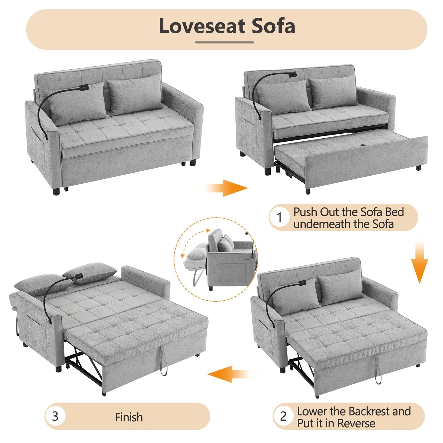 Roomfitters Loveseat Pull-Out Sofa Bed with Reversible Backrest Cushion, Side Pockets, USB Ports, and Phone Holder
