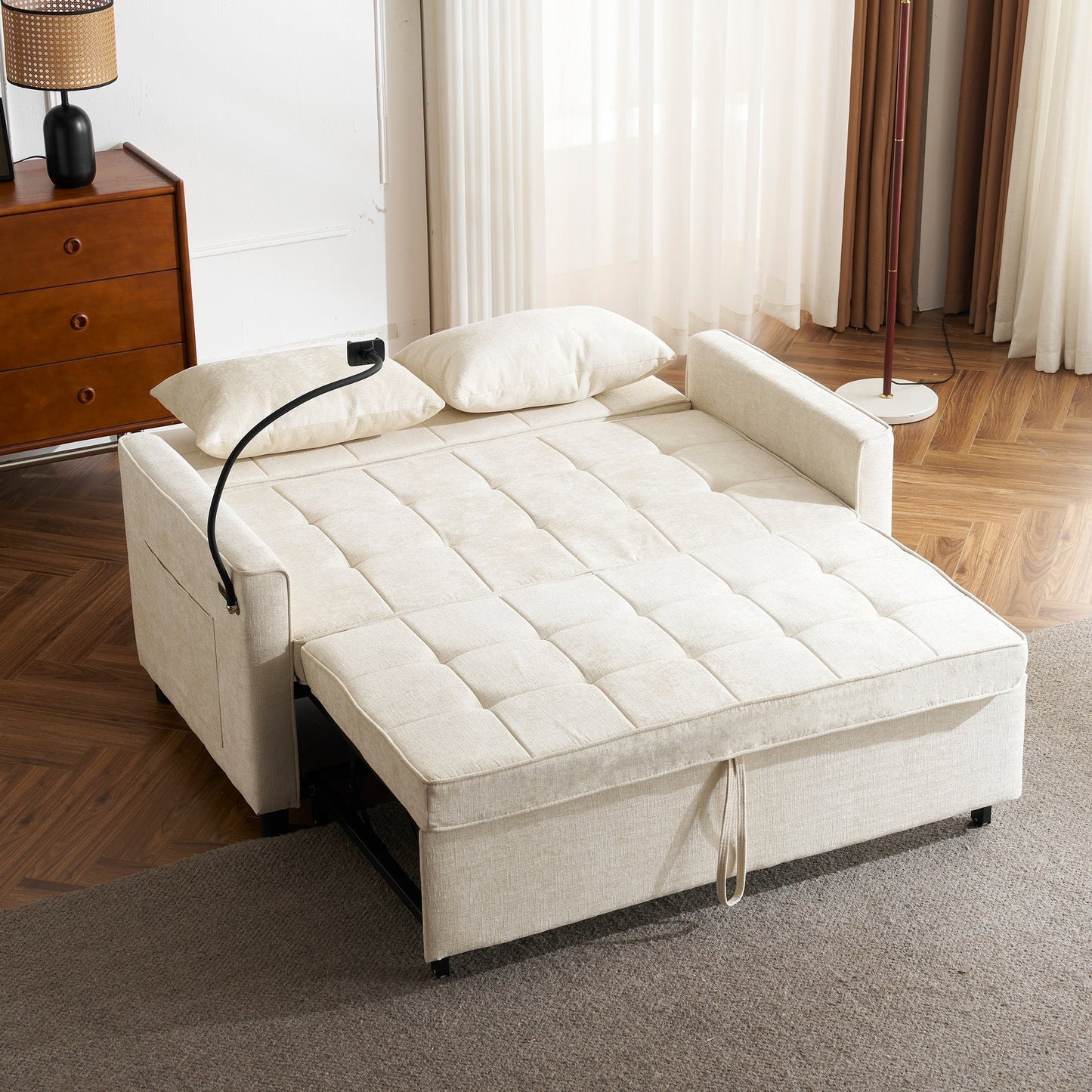 Roomfitters Loveseat Pull-Out Sofa Bed with Reversible Backrest Cushion, Side Pockets, USB Ports, and Phone Holder