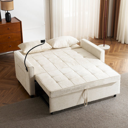 Roomfitters Loveseat Pull-Out Sofa Bed with Reversible Backrest Cushion, Side Pockets, USB Ports, and Phone Holder