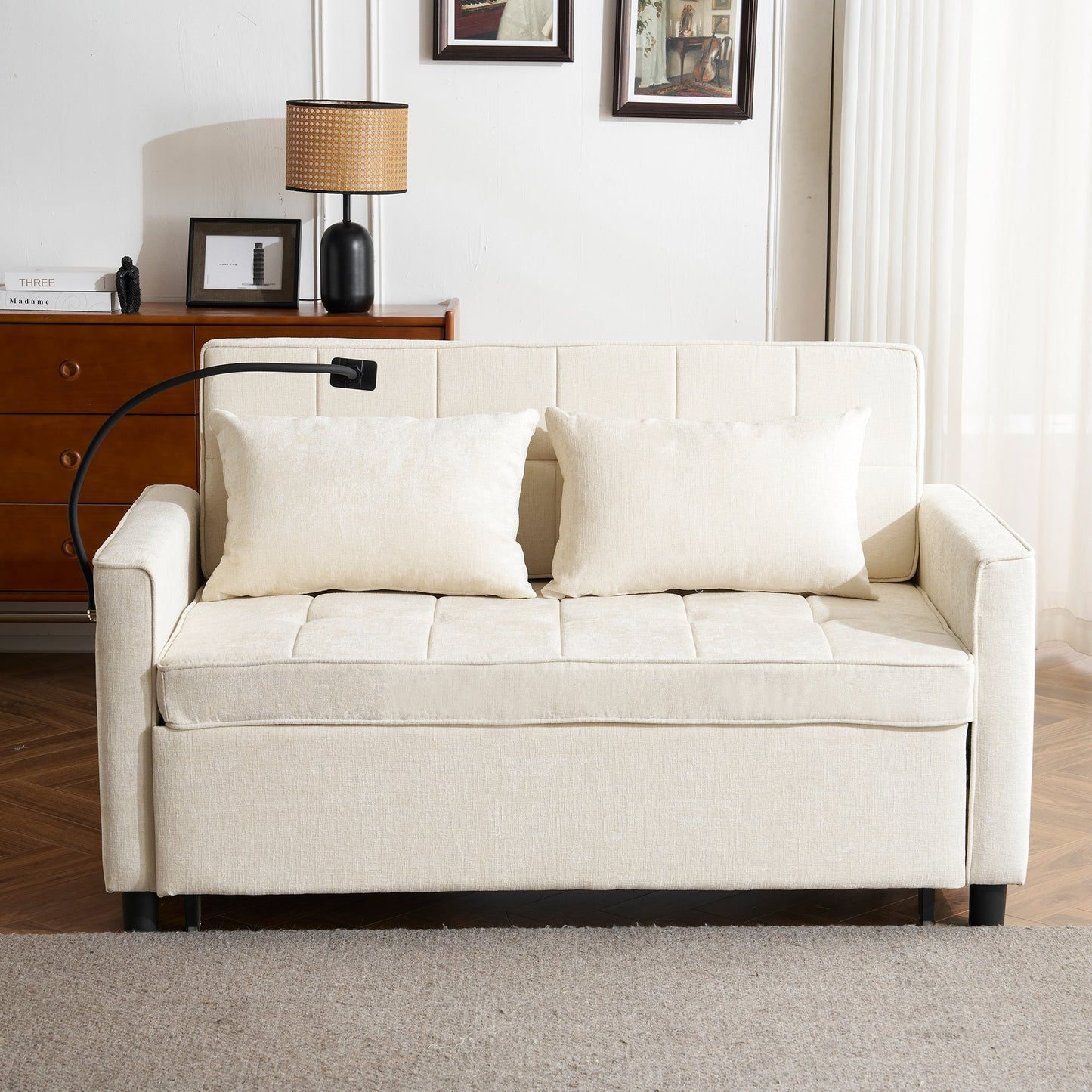 Roomfitters Loveseat Pull-Out Sofa Bed with Reversible Backrest Cushion, Side Pockets, USB Ports, and Phone Holder