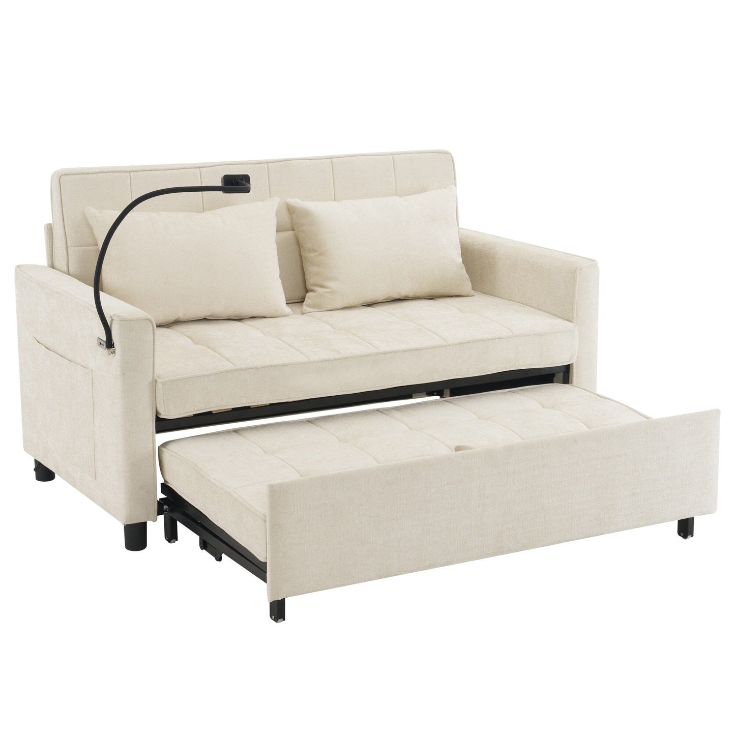 Roomfitters Loveseat Pull-Out Sofa Bed with Reversible Backrest Cushion, Side Pockets, USB Ports, and Phone Holder