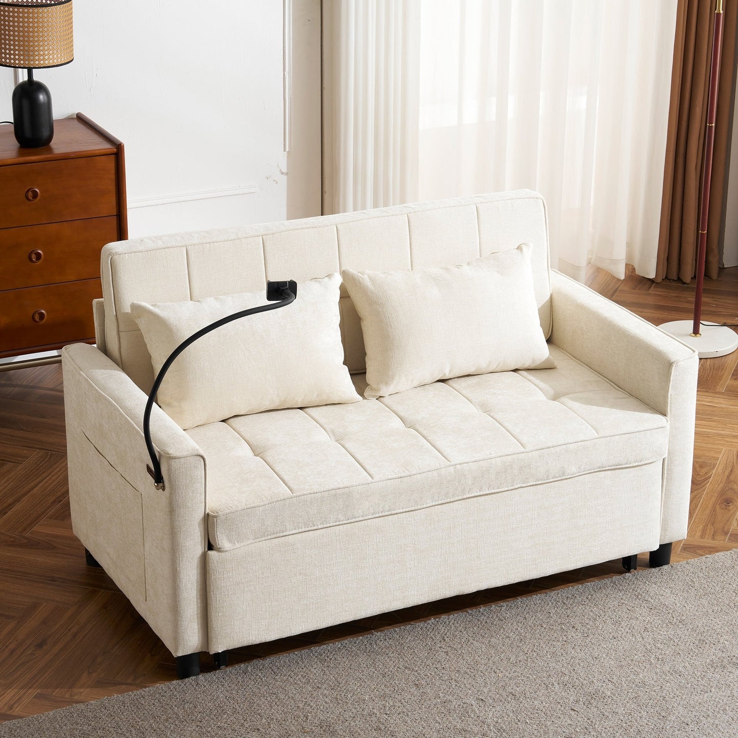 Roomfitters Loveseat Pull-Out Sofa Bed with Reversible Backrest Cushion, Side Pockets, USB Ports, and Phone Holder