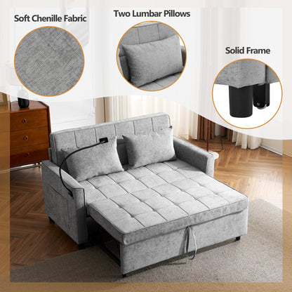 Roomfitters Loveseat Pull-Out Sofa Bed with Reversible Backrest Cushion, Side Pockets, USB Ports, and Phone Holder