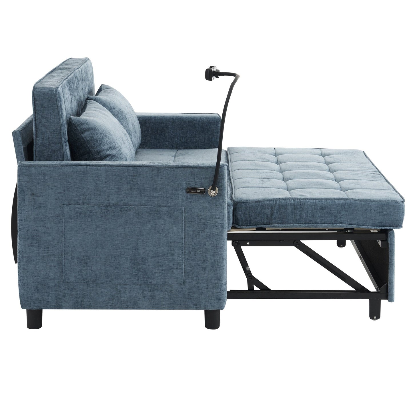 Roomfitters Loveseat Pull-Out Sofa Bed with Reversible Backrest Cushion, Side Pockets, USB Ports, and Phone Holder