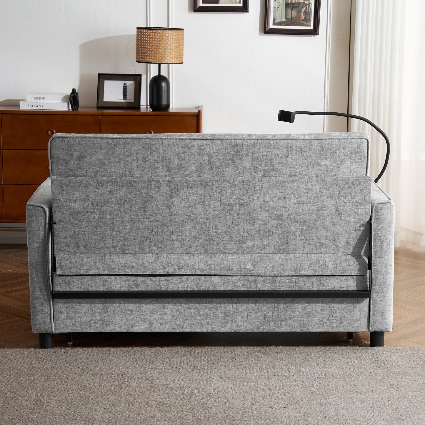 Roomfitters Loveseat Pull-Out Sofa Bed with Reversible Backrest Cushion, Side Pockets, USB Ports, and Phone Holder