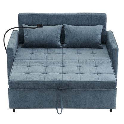Roomfitters Loveseat Pull-Out Sofa Bed with Reversible Backrest Cushion, Side Pockets, USB Ports, and Phone Holder
