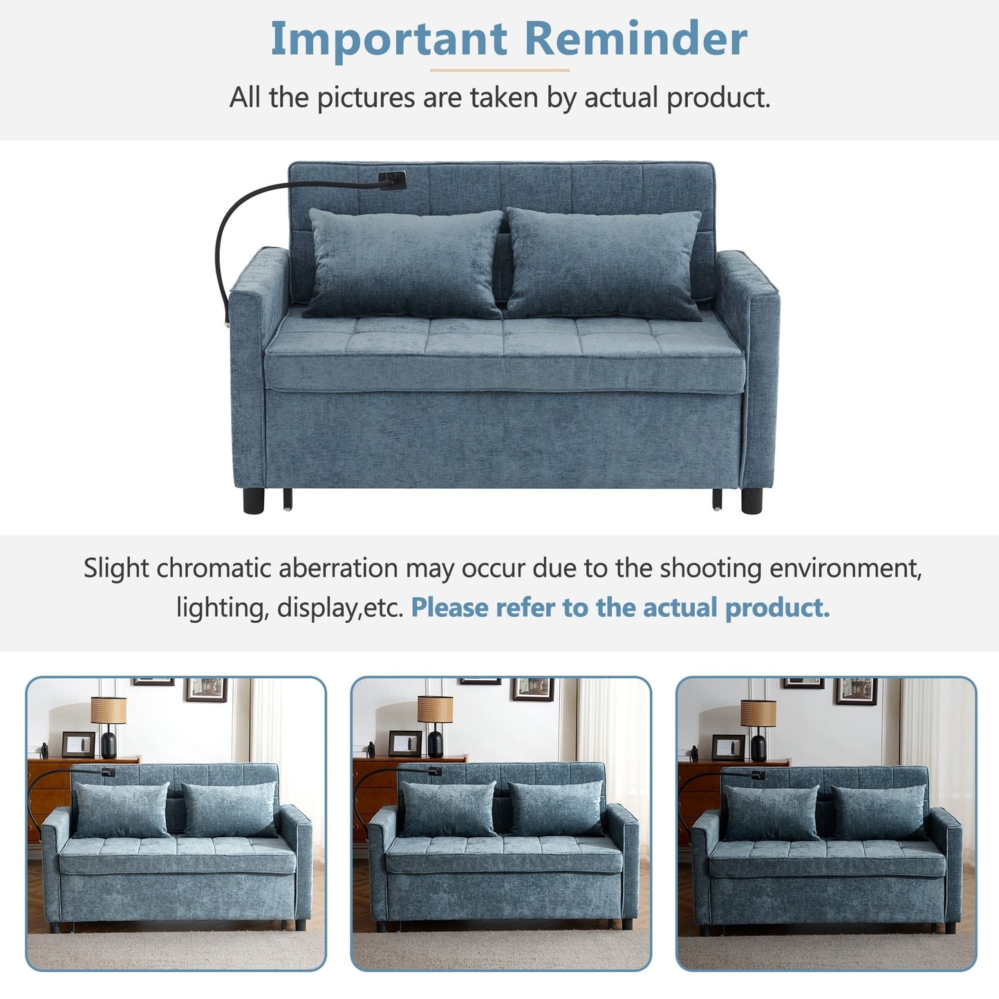 Roomfitters Loveseat Pull-Out Sofa Bed with Reversible Backrest Cushion, Side Pockets, USB Ports, and Phone Holder