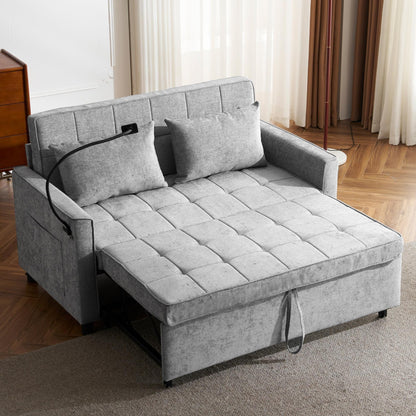 Roomfitters Loveseat Pull-Out Sofa Bed with Reversible Backrest Cushion, Side Pockets, USB Ports, and Phone Holder