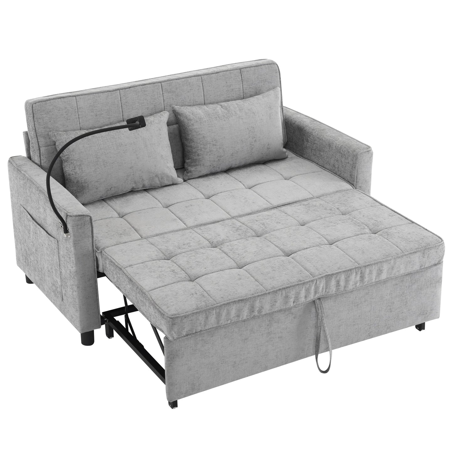 Roomfitters Loveseat Pull-Out Sofa Bed with Reversible Backrest Cushion, Side Pockets, USB Ports, and Phone Holder