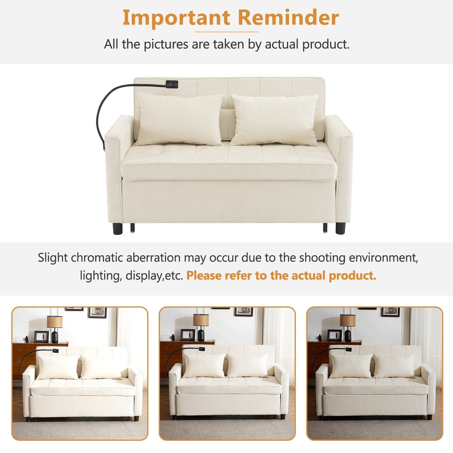 Roomfitters Loveseat Pull-Out Sofa Bed with Reversible Backrest Cushion, Side Pockets, USB Ports, and Phone Holder