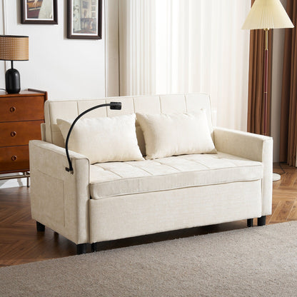 Roomfitters Loveseat Pull-Out Sofa Bed with Reversible Backrest Cushion, Side Pockets, USB Ports, and Phone Holder