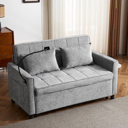 Roomfitters Loveseat Pull-Out Sofa Bed with Reversible Backrest Cushion, Side Pockets, USB Ports, and Phone Holder