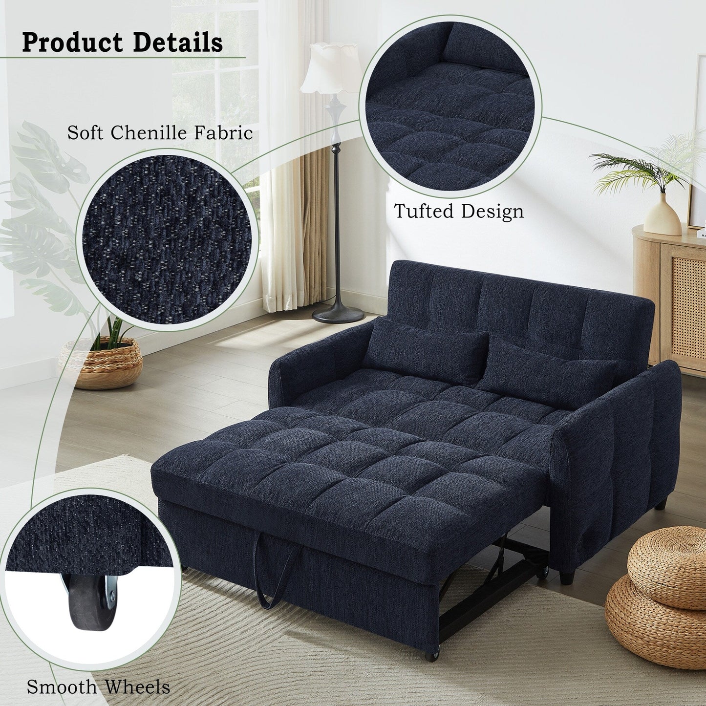 Roomfitters Loveseat Pull-Out Sofa Bed, Tufted Sleeper with Adjustable Backrest, USB Ports, and Lumbar Pillows for Living Room