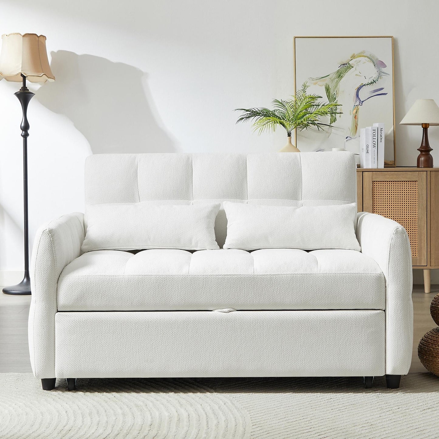 Roomfitters Loveseat Pull-Out Sofa Bed, Tufted Sleeper with Adjustable Backrest, USB Ports, and Lumbar Pillows for Living Room