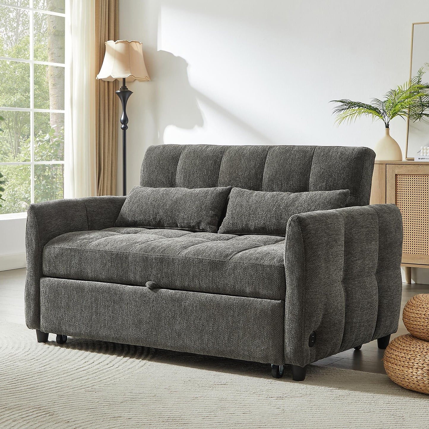 Roomfitters Loveseat Pull-Out Sofa Bed, Tufted Sleeper with Adjustable Backrest, USB Ports, and Lumbar Pillows for Living Room