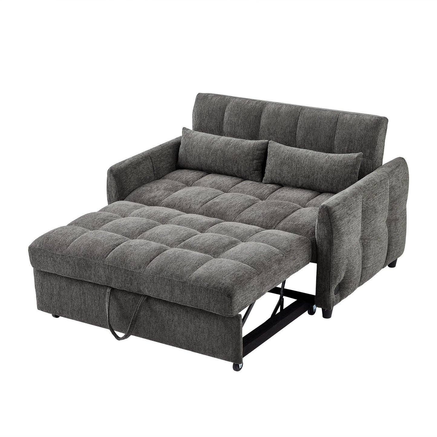 Roomfitters Loveseat Pull-Out Sofa Bed, Tufted Sleeper with Adjustable Backrest, USB Ports, and Lumbar Pillows for Living Room