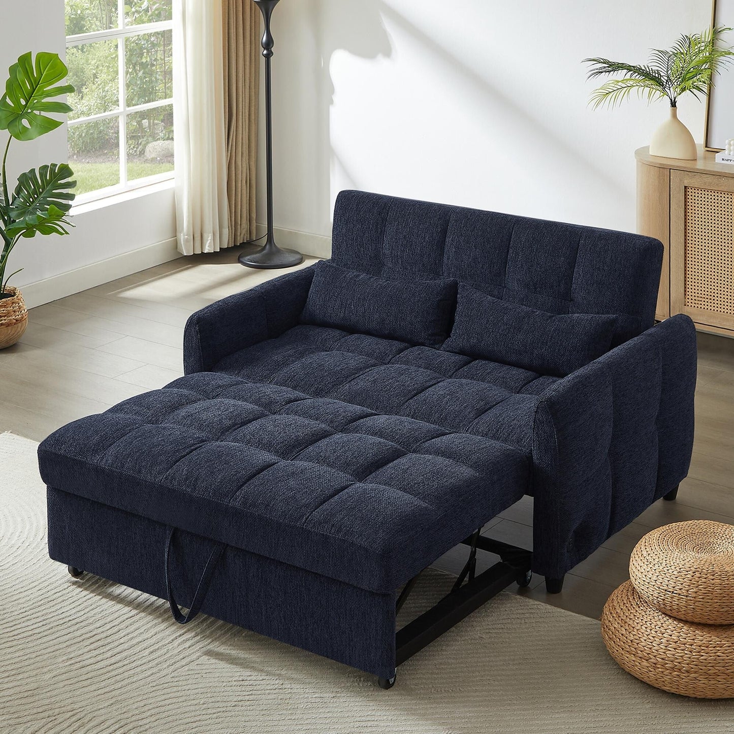 Roomfitters Loveseat Pull-Out Sofa Bed, Tufted Sleeper with Adjustable Backrest, USB Ports, and Lumbar Pillows for Living Room