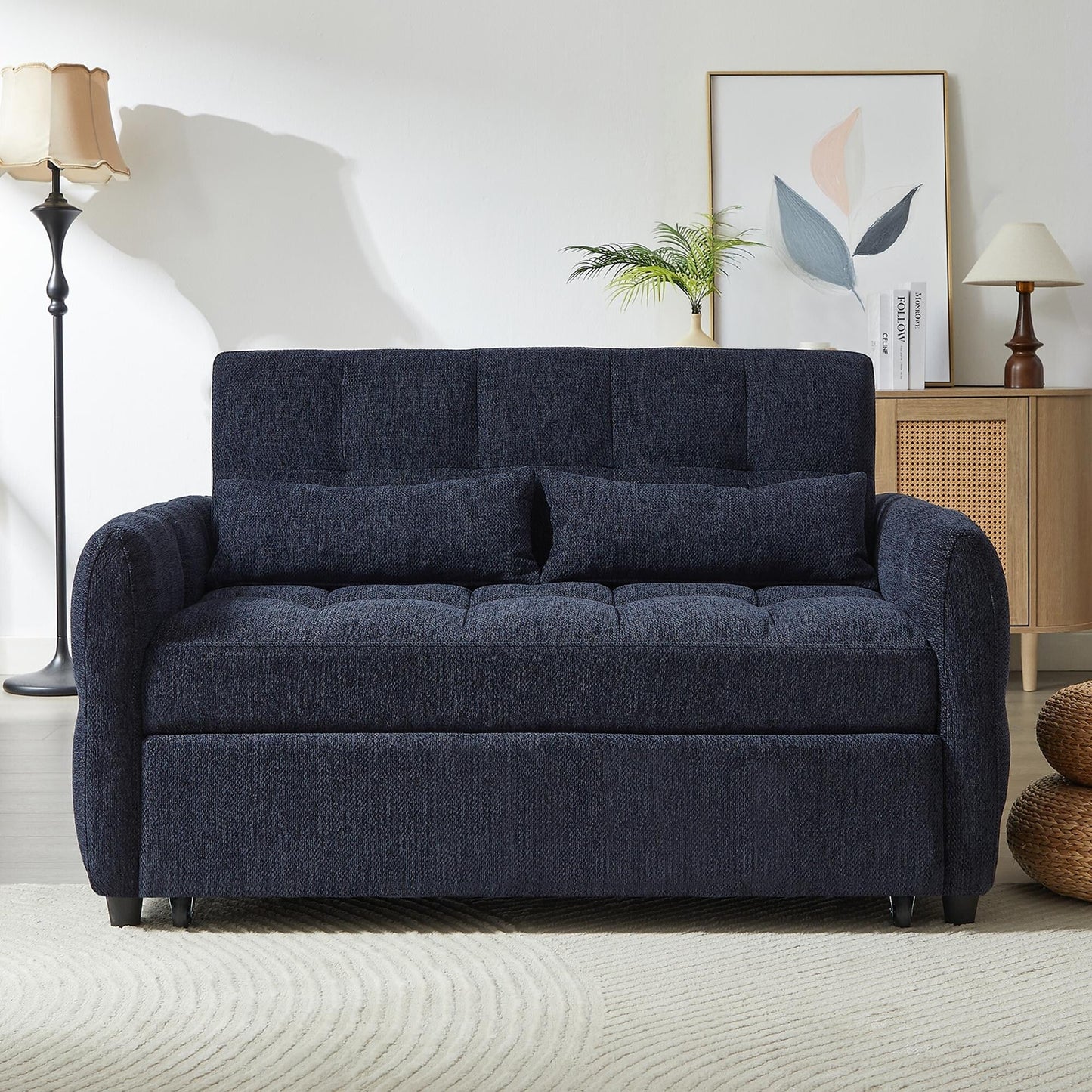 Roomfitters Loveseat Pull-Out Sofa Bed, Tufted Sleeper with Adjustable Backrest, USB Ports, and Lumbar Pillows for Living Room