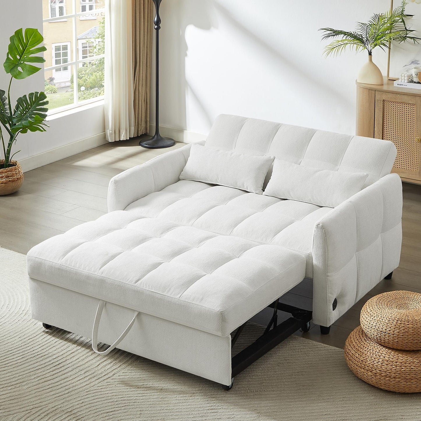 Roomfitters Loveseat Pull-Out Sofa Bed, Tufted Sleeper with Adjustable Backrest, USB Ports, and Lumbar Pillows for Living Room