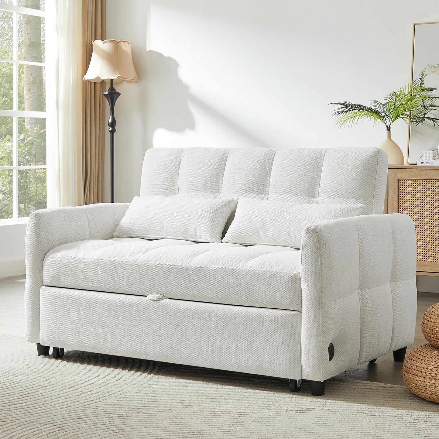 Roomfitters Loveseat Pull-Out Sofa Bed, Tufted Sleeper with Adjustable Backrest, USB Ports, and Lumbar Pillows for Living Room