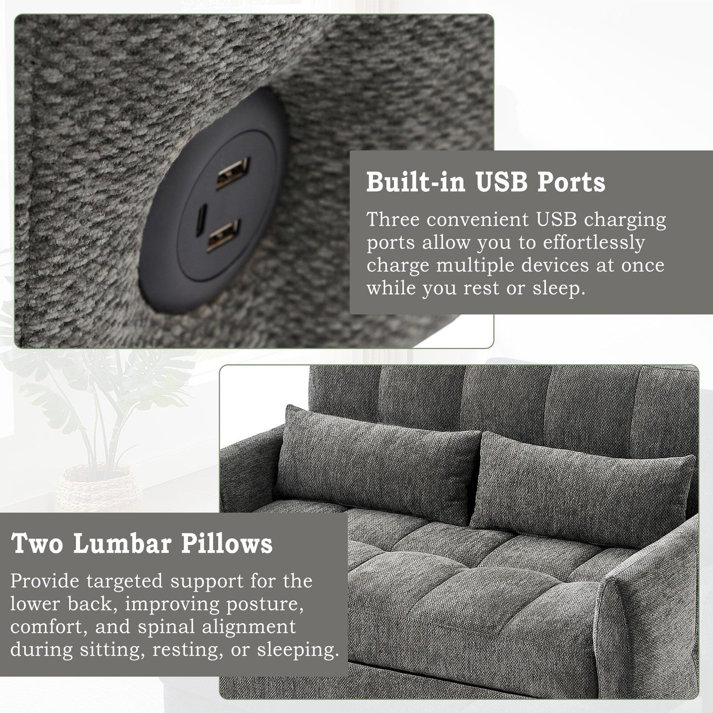 Roomfitters Loveseat Pull-Out Sofa Bed, Tufted Sleeper with Adjustable Backrest, USB Ports, and Lumbar Pillows for Living Room
