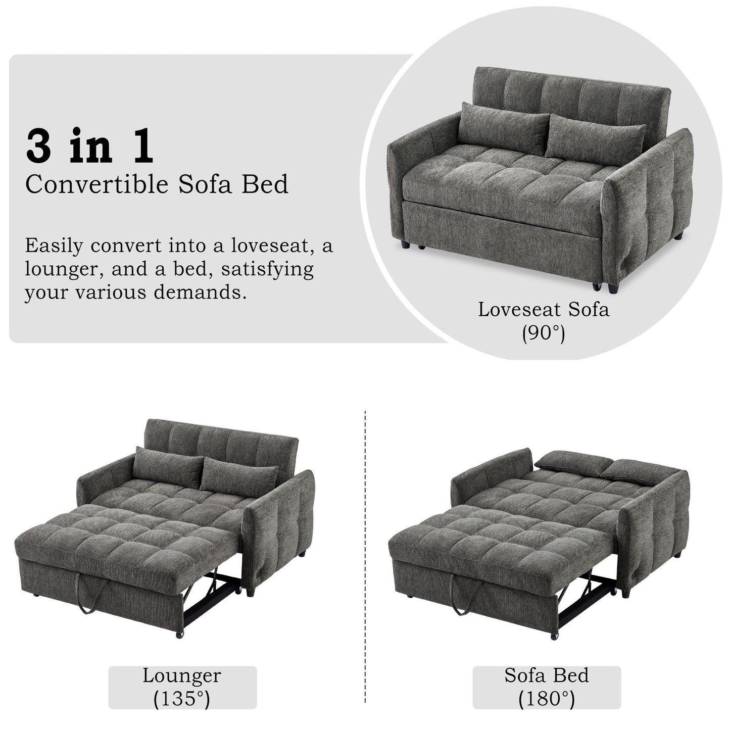 Roomfitters Loveseat Pull-Out Sofa Bed, Tufted Sleeper with Adjustable Backrest, USB Ports, and Lumbar Pillows for Living Room