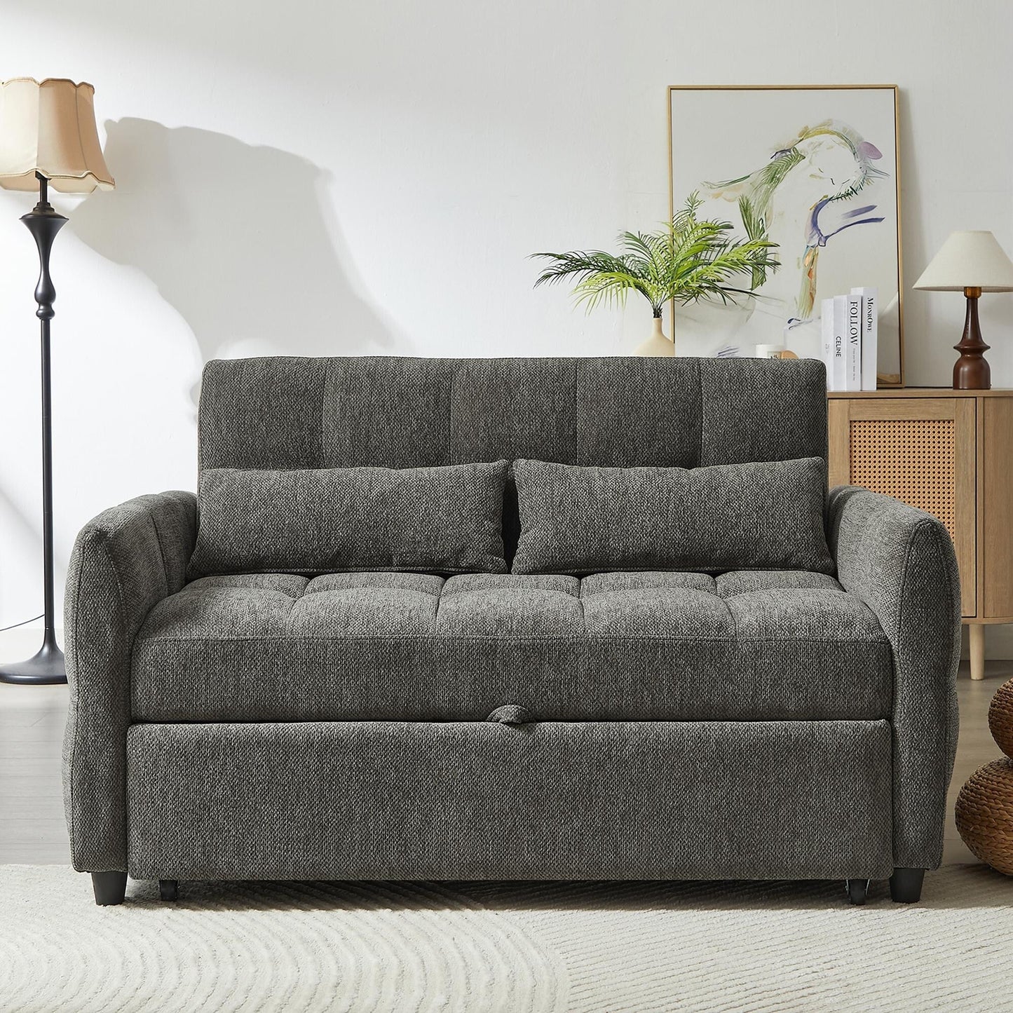 Roomfitters Loveseat Pull-Out Sofa Bed, Tufted Sleeper with Adjustable Backrest, USB Ports, and Lumbar Pillows for Living Room