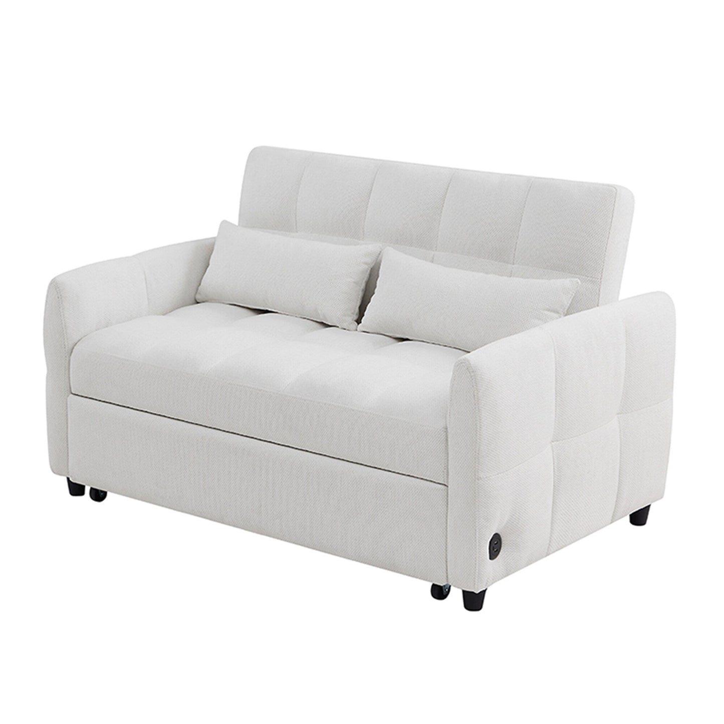 Roomfitters Loveseat Pull-Out Sofa Bed, Tufted Sleeper with Adjustable Backrest, USB Ports, and Lumbar Pillows for Living Room