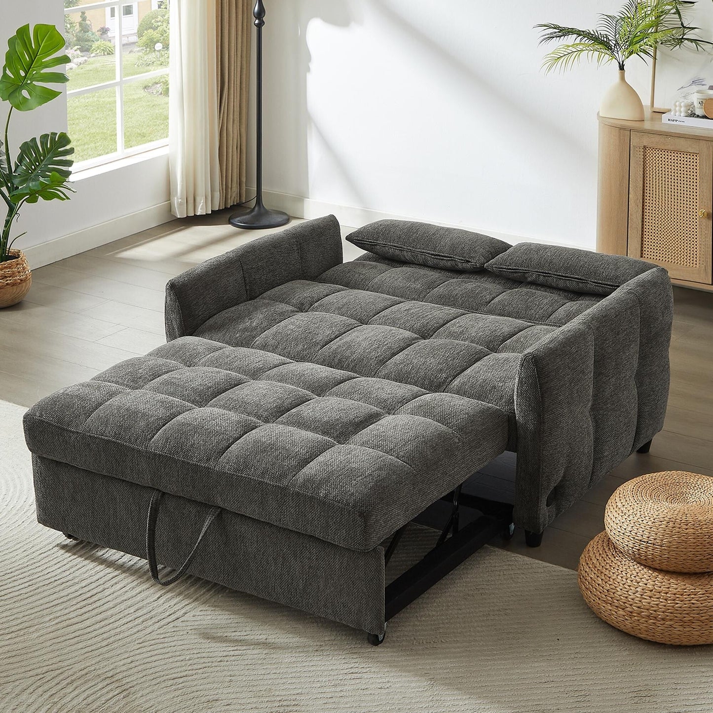 Roomfitters Loveseat Pull-Out Sofa Bed, Tufted Sleeper with Adjustable Backrest, USB Ports, and Lumbar Pillows for Living Room