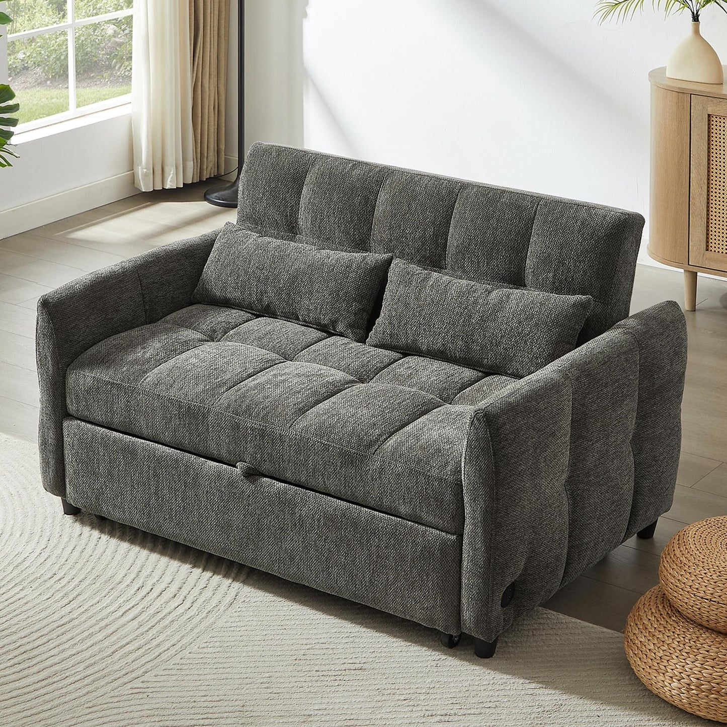Roomfitters Loveseat Pull-Out Sofa Bed, Tufted Sleeper with Adjustable Backrest, USB Ports, and Lumbar Pillows for Living Room