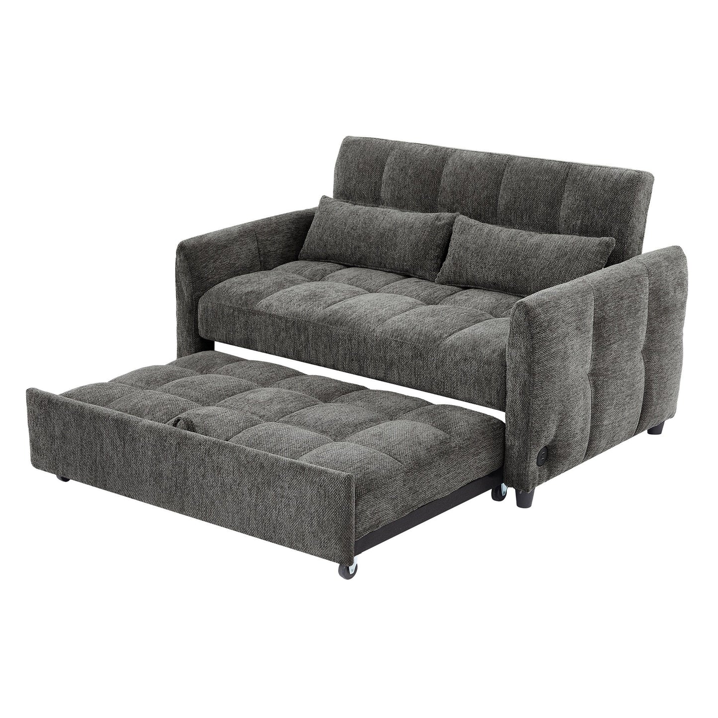 Roomfitters Loveseat Pull-Out Sofa Bed, Tufted Sleeper with Adjustable Backrest, USB Ports, and Lumbar Pillows for Living Room