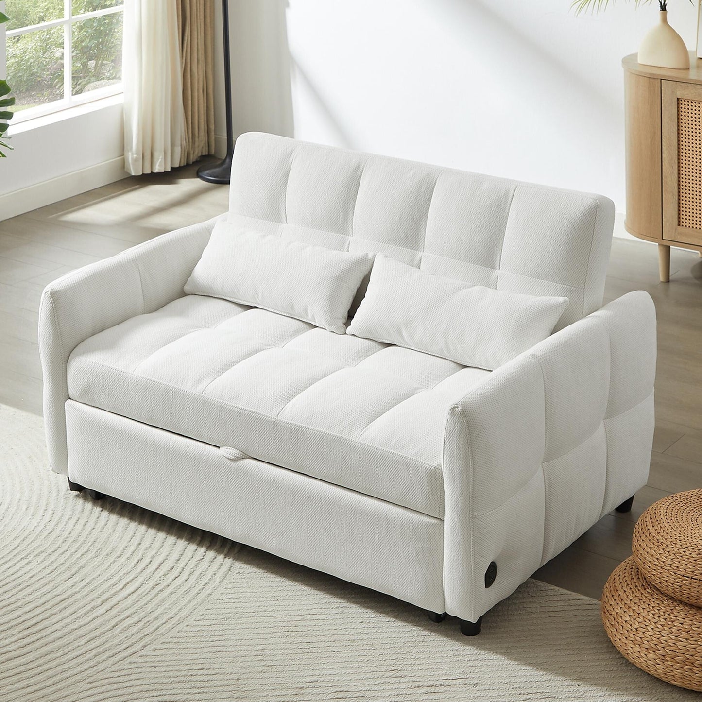 Roomfitters Loveseat Pull-Out Sofa Bed, Tufted Sleeper with Adjustable Backrest, USB Ports, and Lumbar Pillows for Living Room