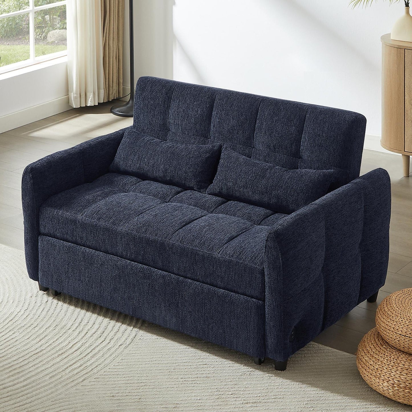 Roomfitters Loveseat Pull-Out Sofa Bed, Tufted Sleeper with Adjustable Backrest, USB Ports, and Lumbar Pillows for Living Room