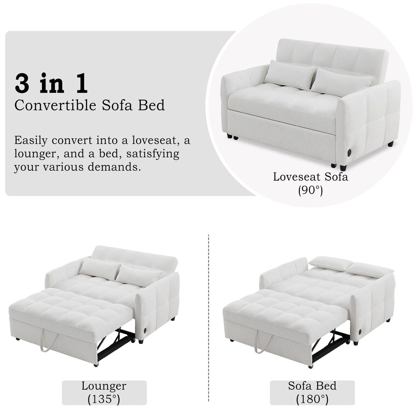 Roomfitters Loveseat Pull-Out Sofa Bed, Tufted Sleeper with Adjustable Backrest, USB Ports, and Lumbar Pillows for Living Room