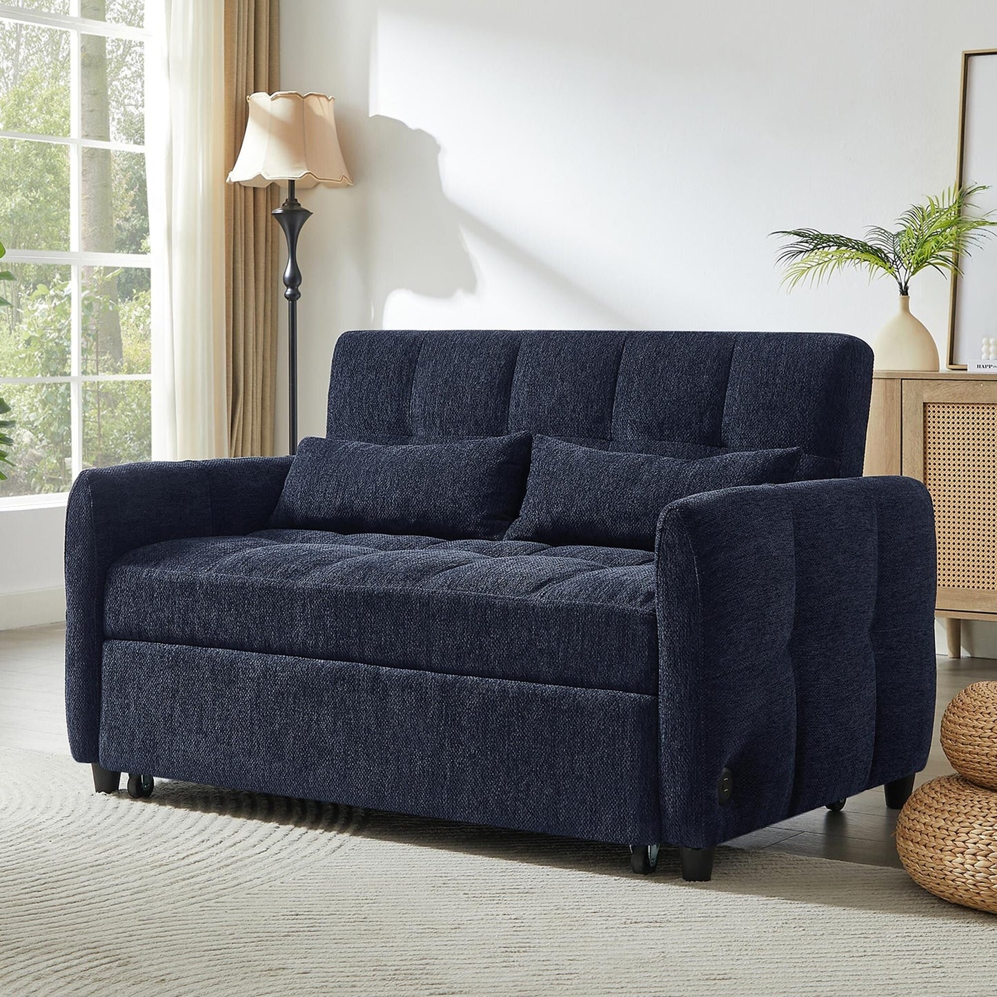 Roomfitters Loveseat Pull-Out Sofa Bed, Tufted Sleeper with Adjustable Backrest, USB Ports, and Lumbar Pillows for Living Room