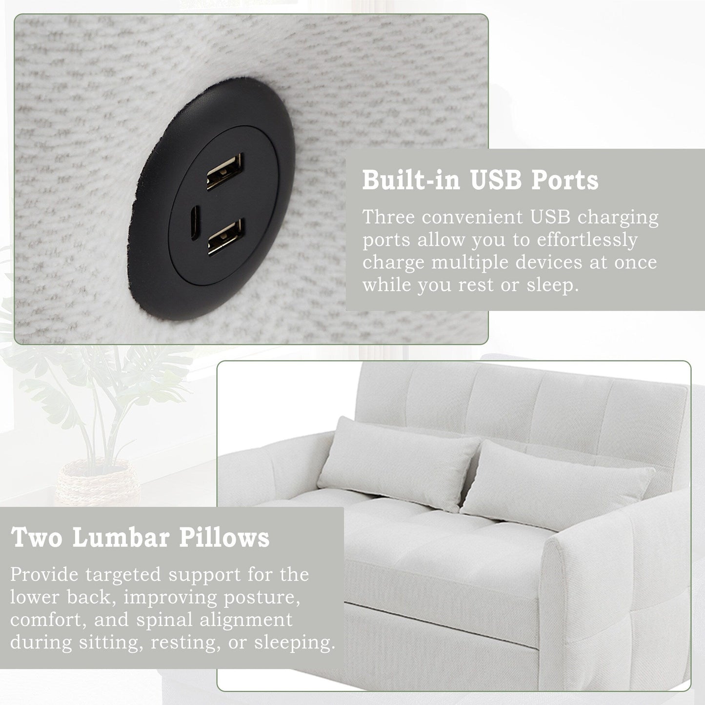 Roomfitters Loveseat Pull-Out Sofa Bed, Tufted Sleeper with Adjustable Backrest, USB Ports, and Lumbar Pillows for Living Room