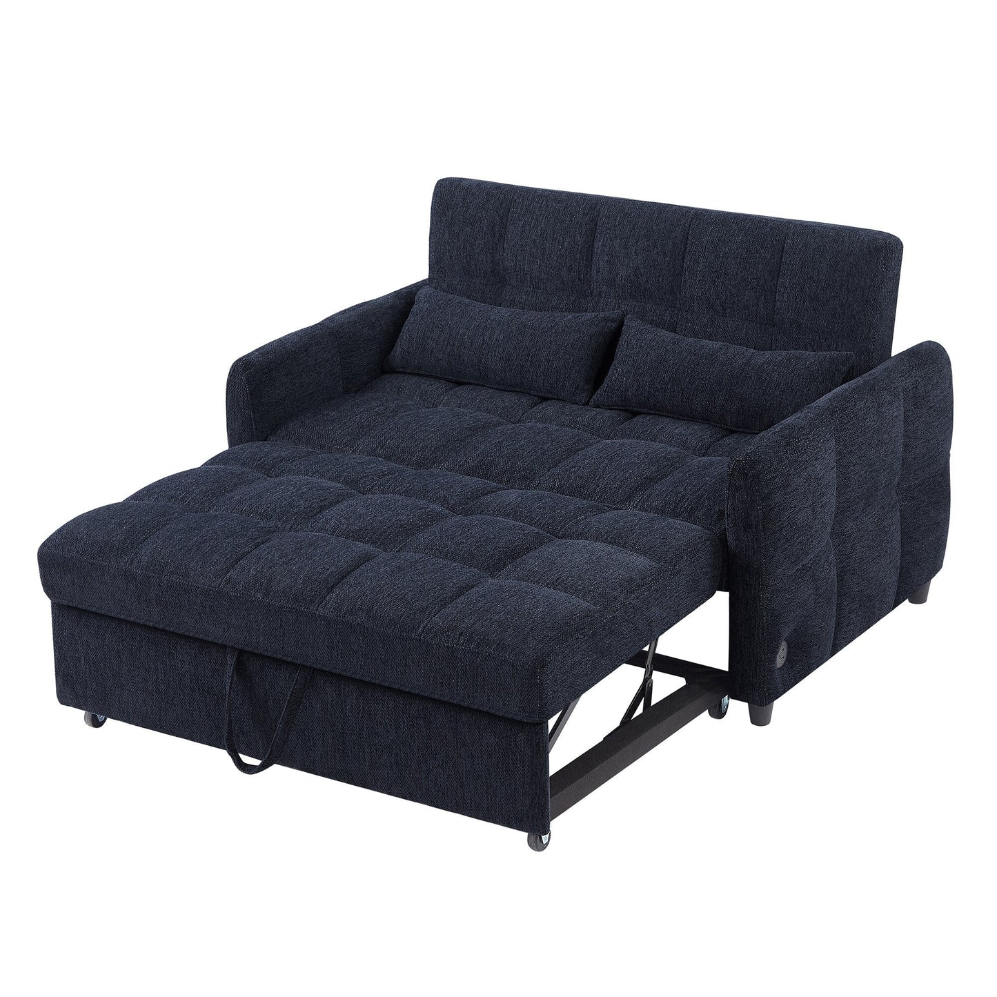 Roomfitters Loveseat Pull-Out Sofa Bed, Tufted Sleeper with Adjustable Backrest, USB Ports, and Lumbar Pillows for Living Room