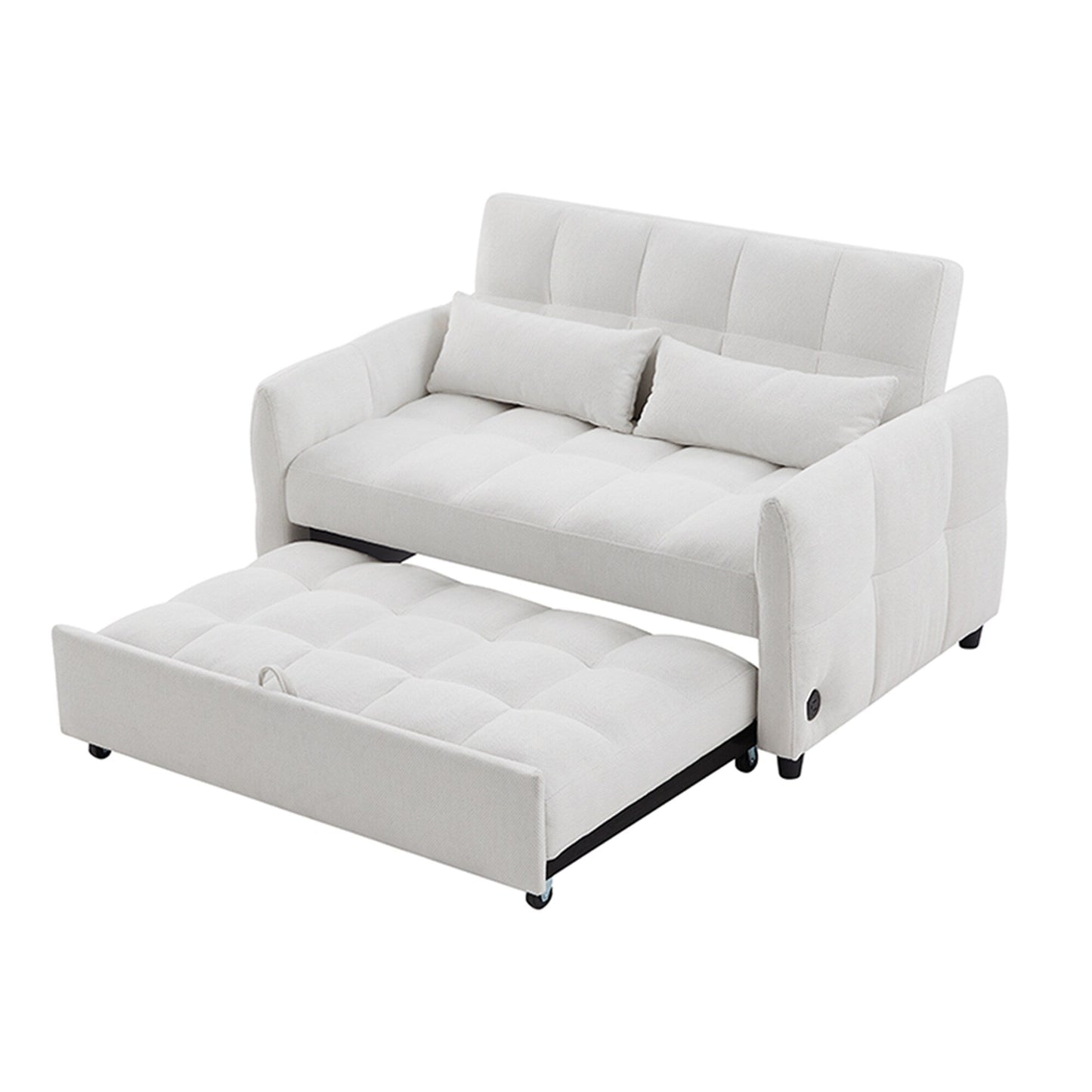 Roomfitters Loveseat Pull-Out Sofa Bed, Tufted Sleeper with Adjustable Backrest, USB Ports, and Lumbar Pillows for Living Room