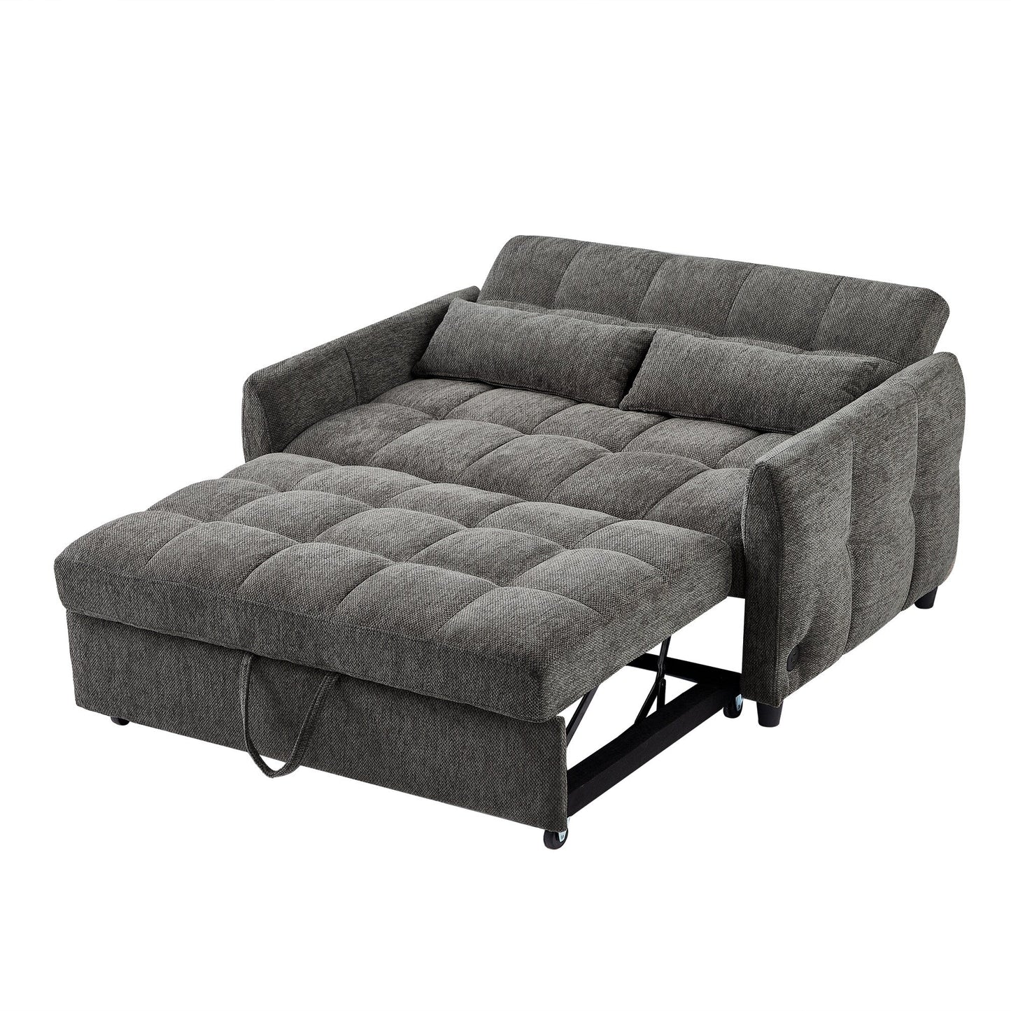 Roomfitters Loveseat Pull-Out Sofa Bed, Tufted Sleeper with Adjustable Backrest, USB Ports, and Lumbar Pillows for Living Room