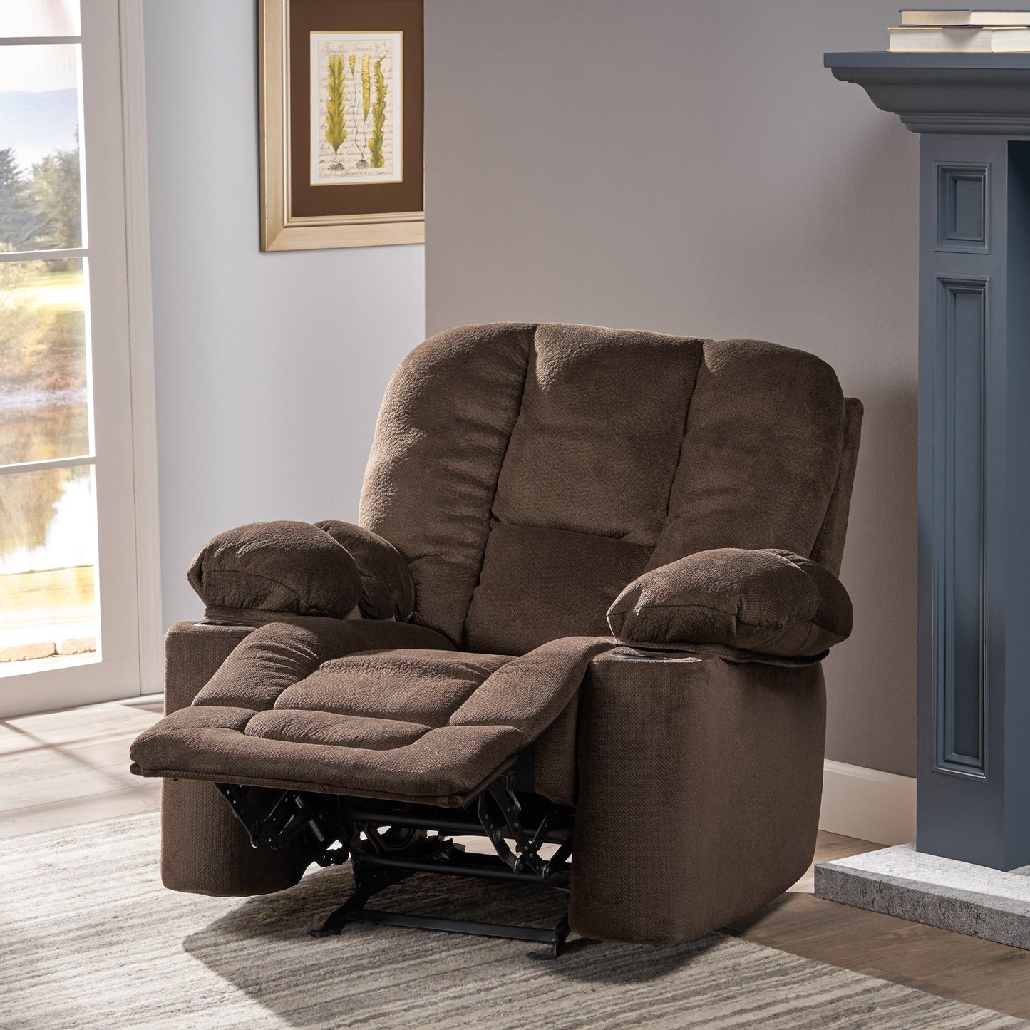 Roomfitters Luxurious Manual Recliner Chair in Chocolate with Skin-Friendly Fabric and Dual Cup Holders
