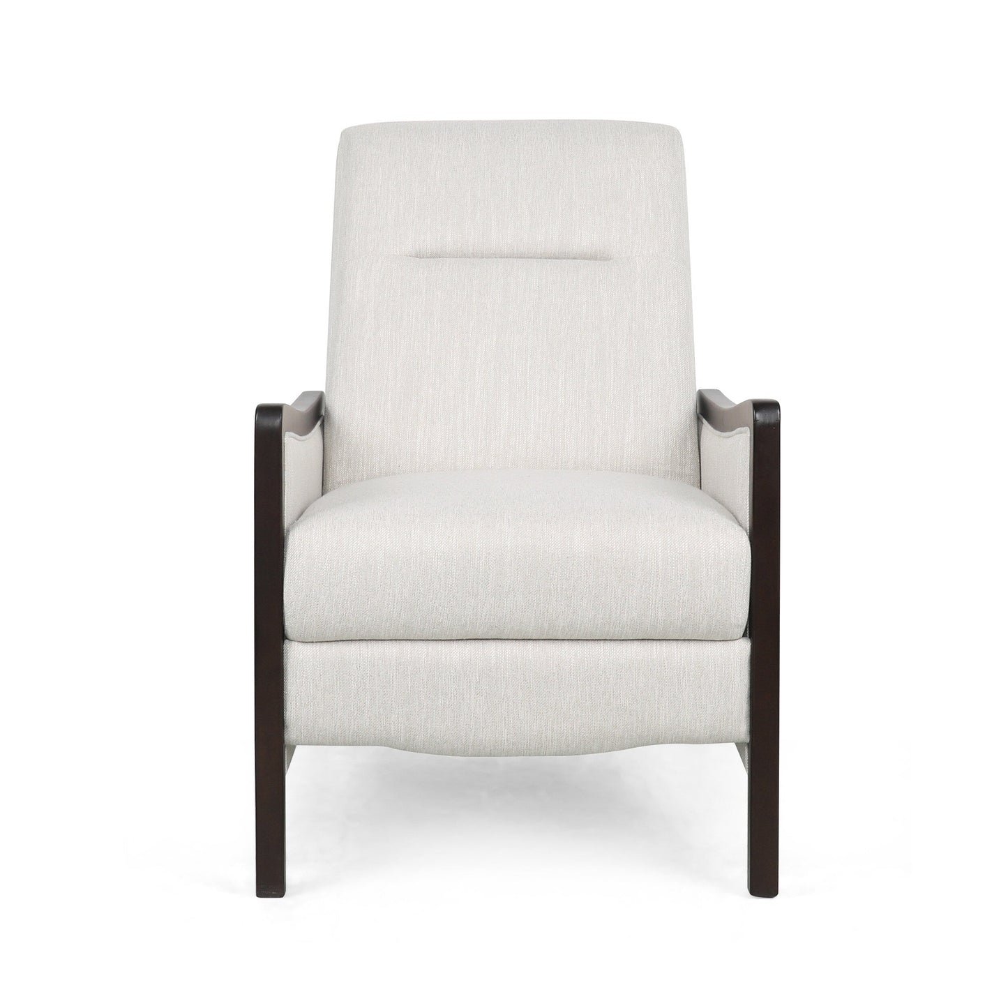 Roomfitters Mid-Century Fabric Push Back Recliner Chair with Wood Trim and Angled Arms