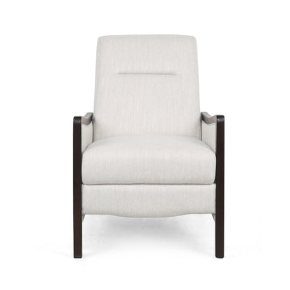 Roomfitters Mid-Century Fabric Push Back Recliner Chair with Wood Trim and Angled Arms