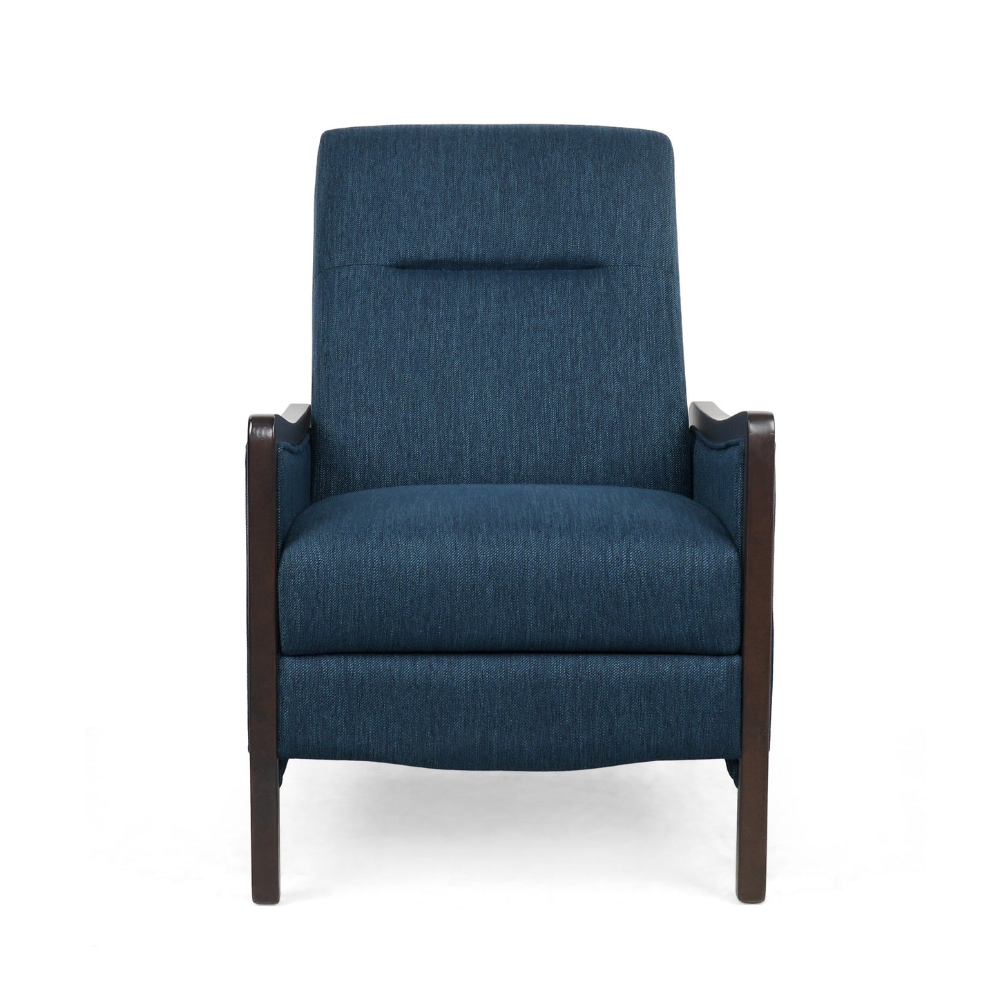 Roomfitters Mid-Century Fabric Push Back Recliner Chair with Wood Trim and Angled Arms