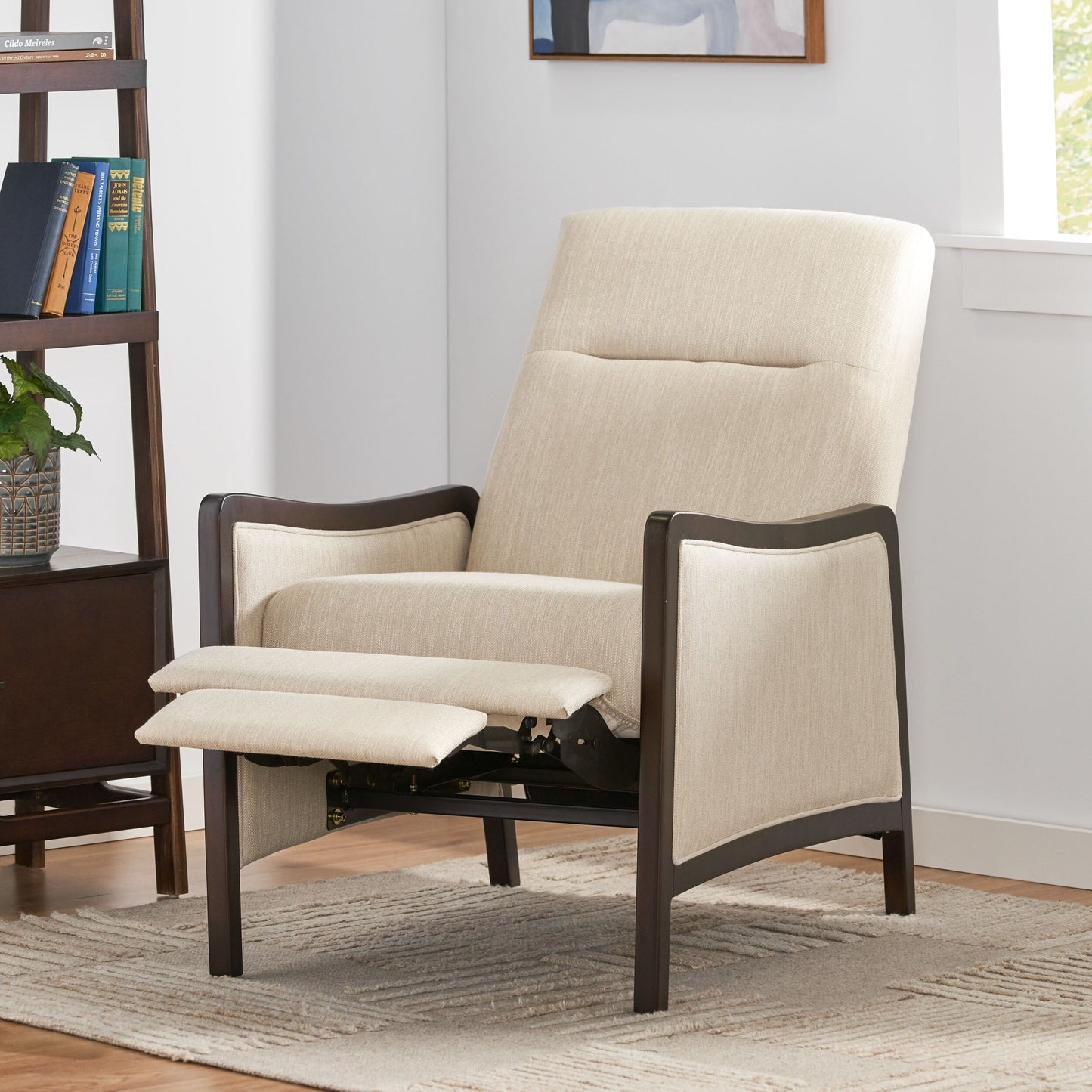 Roomfitters Mid-Century Fabric Push Back Recliner Chair with Wood Trim and Angled Arms